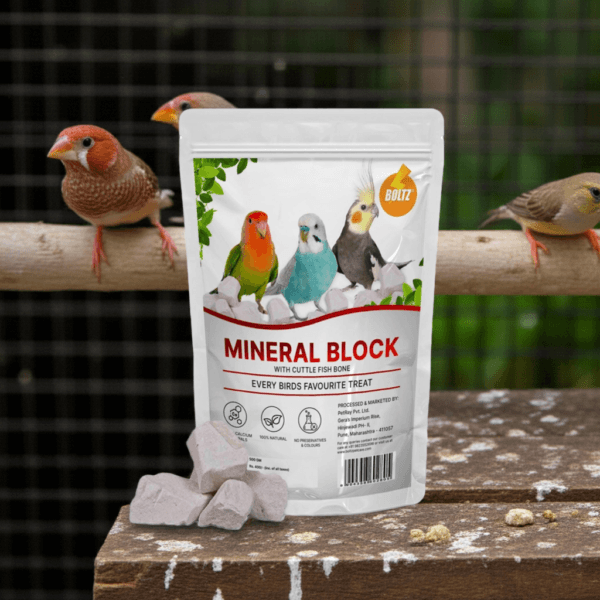BOLTZ Natural Mineral Block with Cuttlefish Bone - Complete Calcium Supplement for All Birds (250g)